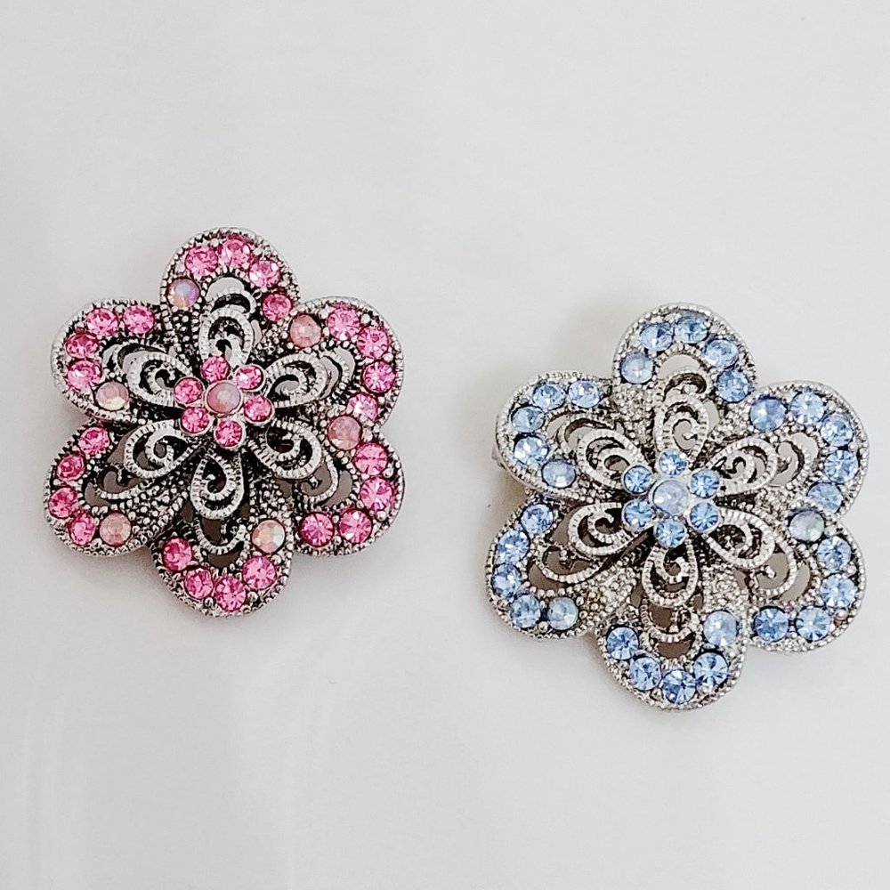 Bundle of 2 Rhinestone Floral Brooches Pink and Blue